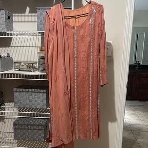 Pakistani  Indian Elegant Peach Embroidered Dress with Dupatta